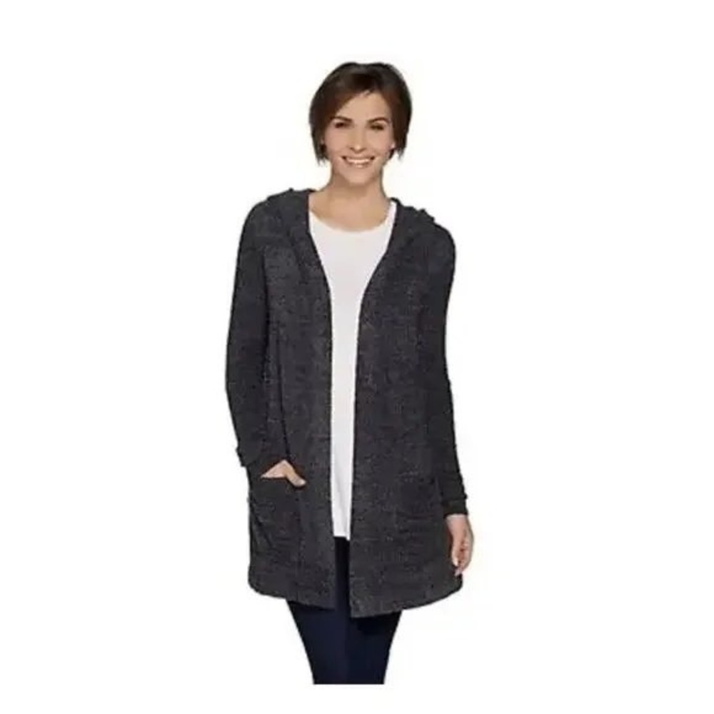 Barefoot Dreams CozyChic Lite Hooded‎ Cardigan Open Front Gray Size Medium